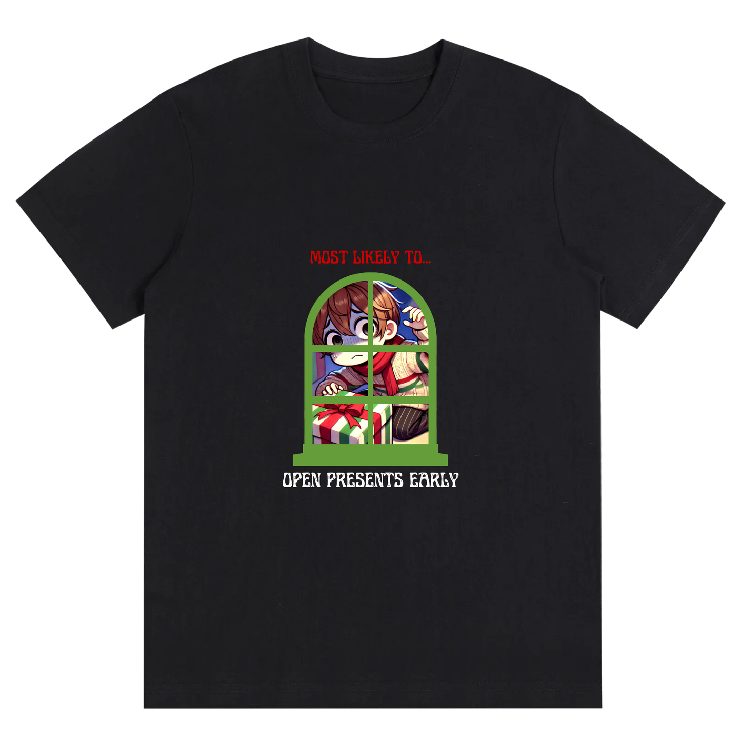 Unisex Festive Early Gift Peeker Tee – Most Likely to Open Presents Early Christmas T-shirt