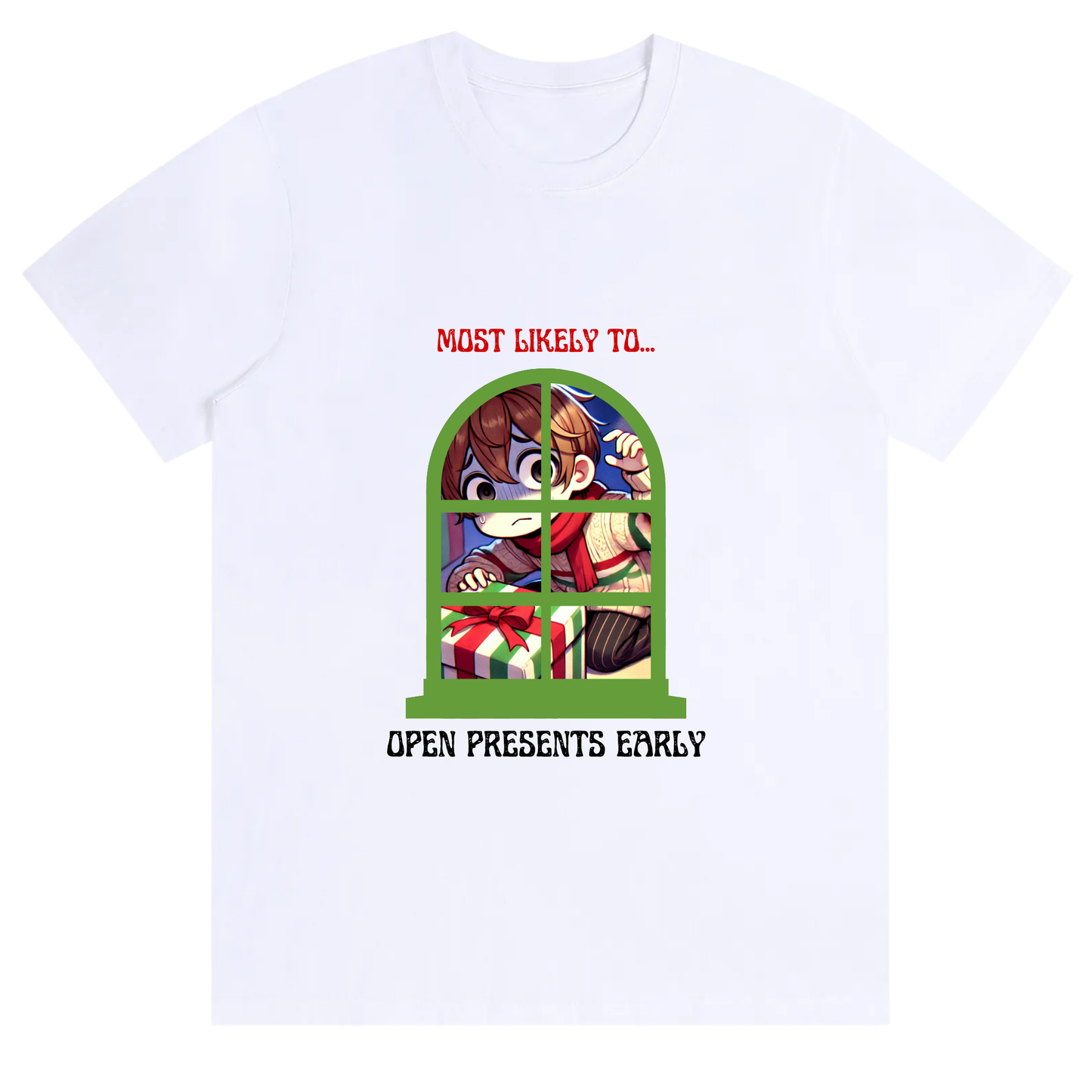 Unisex Festive Early Gift Peeker Tee – Most Likely to Open Presents Early Christmas T-shirt