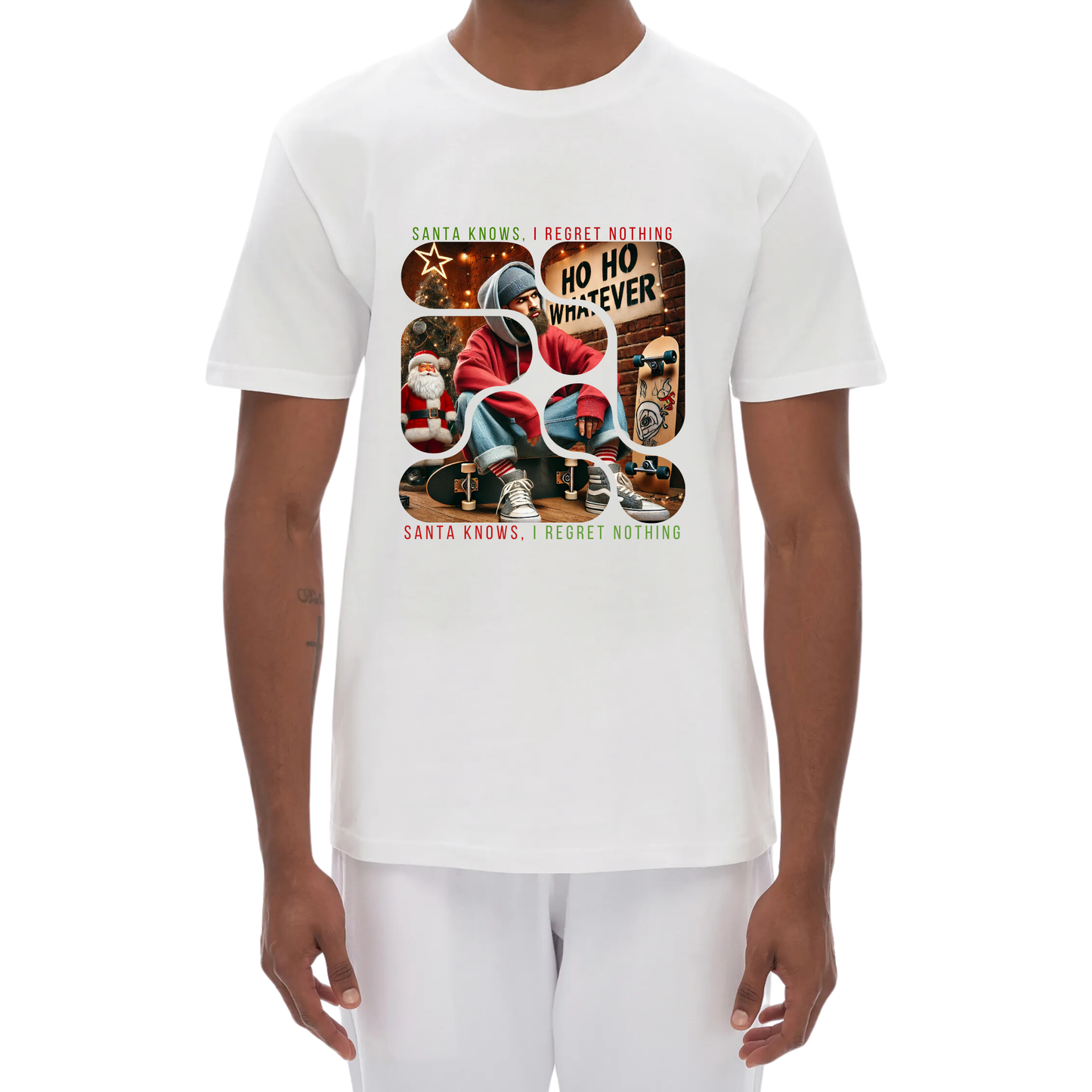 Santa Knows, I Regret Nothing Urban Skater Holiday T-Shirt Holiday Unisex High Quality 100% Cotton Tee