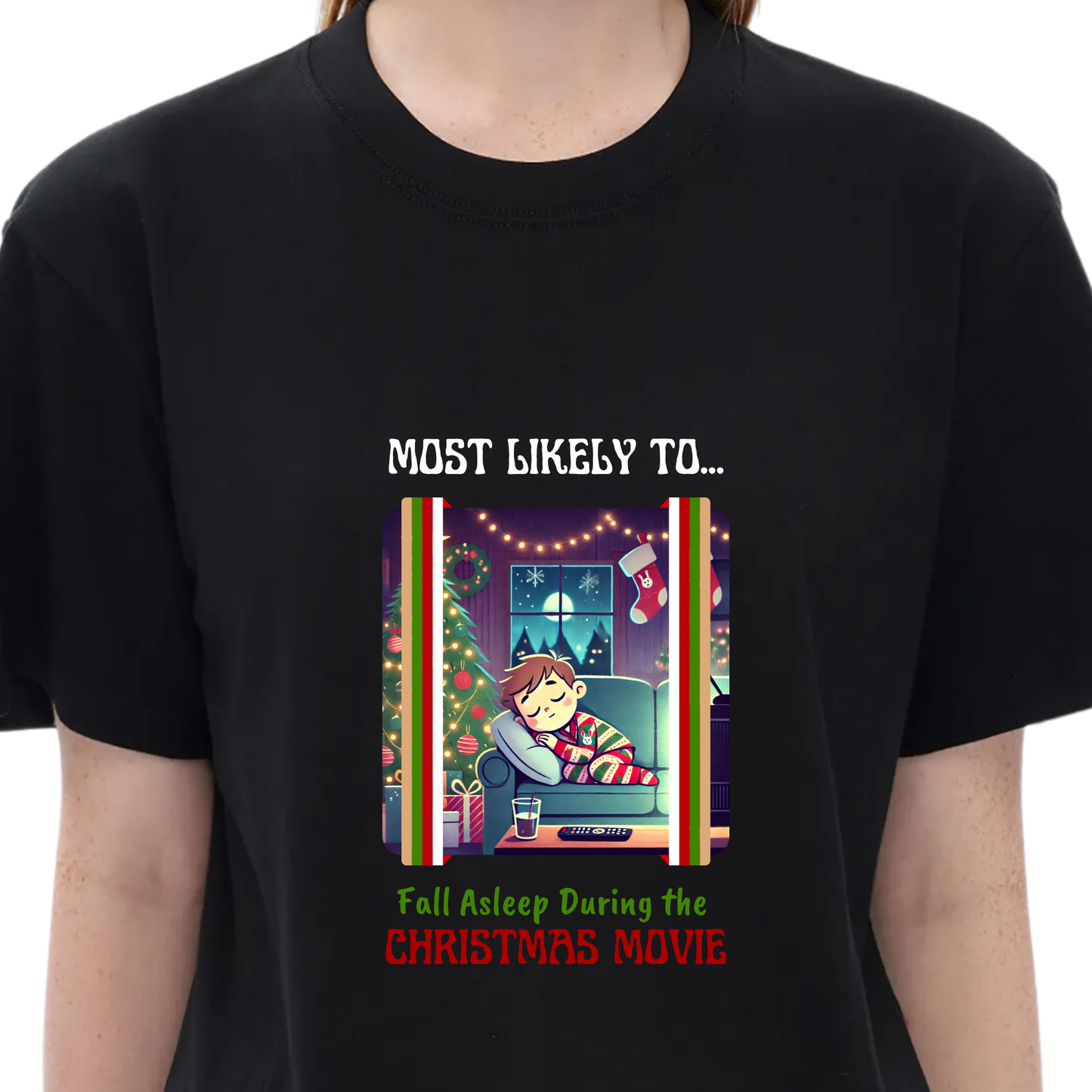 Funny Unisex Cozy Christmas Movie Tee – Most Likely to Fall Asleep During the Christmas Movie