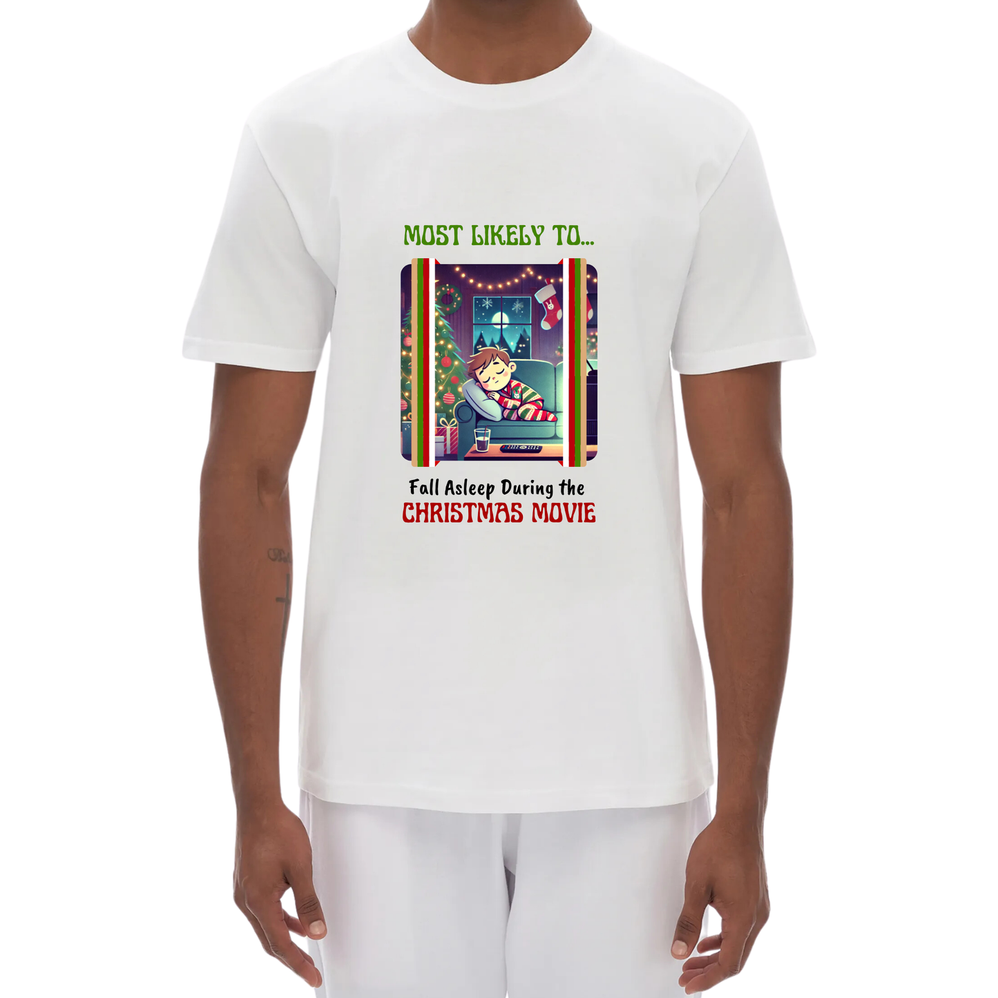 Funny Unisex Cozy Christmas Movie Tee – Most Likely to Fall Asleep During the Christmas Movie