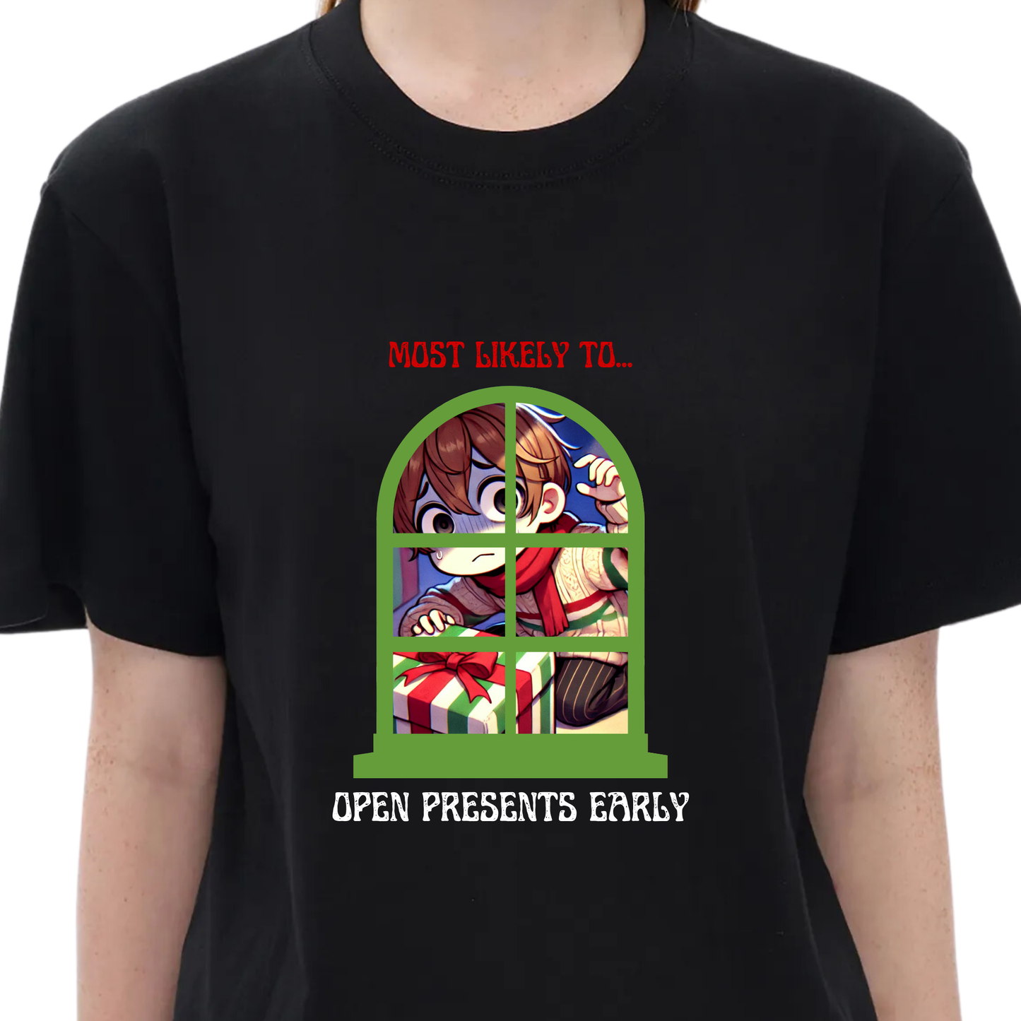 Unisex Festive Early Gift Peeker Tee – Most Likely to Open Presents Early Christmas T-shirt