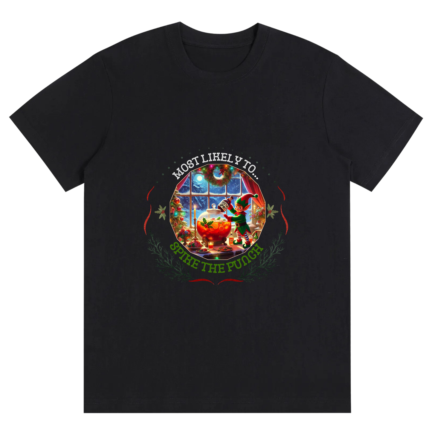 Funny Unisex Festive Mischief Tee – Most Likely to Spike the Punch - Christmas T-shirt