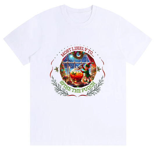 Funny Unisex Festive Mischief Tee – Most Likely to Spike the Punch - Christmas T-shirt