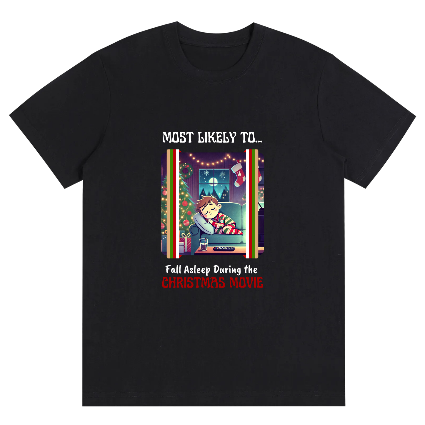 Funny Unisex Cozy Christmas Movie Tee – Most Likely to Fall Asleep During the Christmas Movie