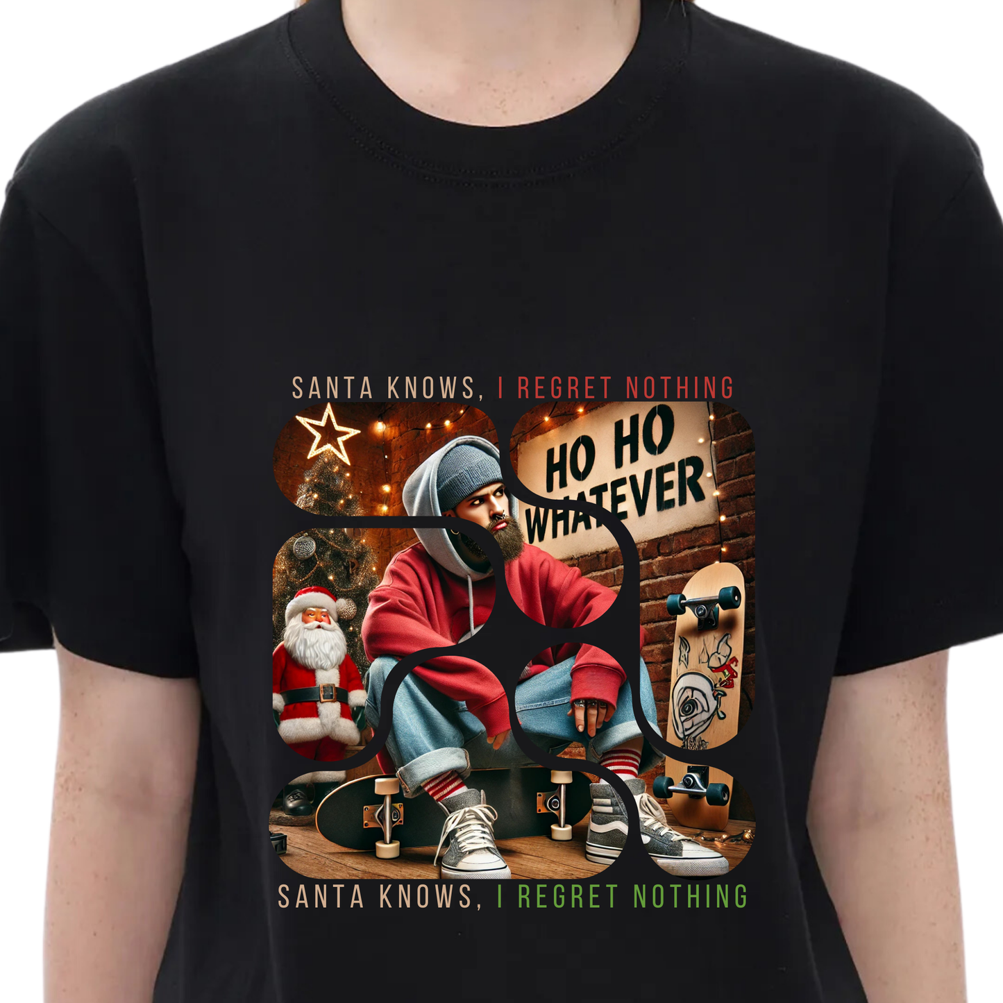 Santa Knows, I Regret Nothing Urban Skater Holiday T-Shirt Holiday Unisex High Quality 100% Cotton Tee